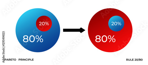 Visual representation of the pareto principle, showing the 80 20 rule in pie charts.