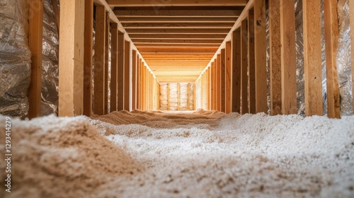 Insulation in the attic of a home. Cellulose insulation is blown into the attic to help keep the house warm in the winter and cool in the summer.