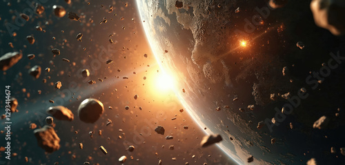 Fototapeta Naklejka Na Ścianę i Meble -  Illustration of space debris orbiting planet Earth. Broken satellites, space junk, garbage around world. Concept of pollute, ecological damage, global problem, danger, threat. Wastes contaminate