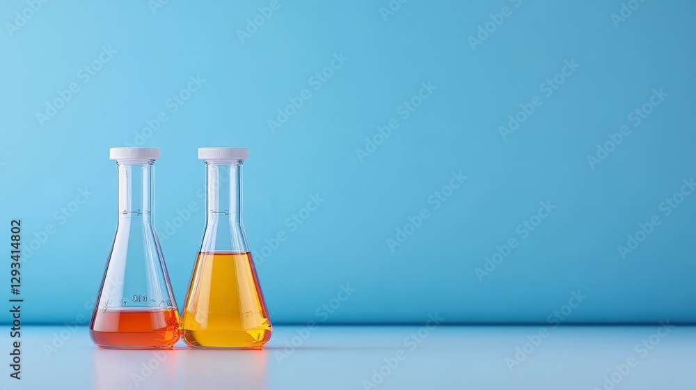 Two Erlenmeyer flasks containing amber and orange liquids sit on a white surface against a light blue background. Clean and simple laboratory Two Erlenmeyer flasks containing amber and orange liquids sit on a white surface against a light blue background. Clean and simple laboratory