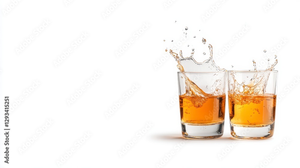 Two amber glasses of liquor with ice cubes, splashing liquid, white background Two amber glasses of liquor with ice cubes, splashing liquid, white background