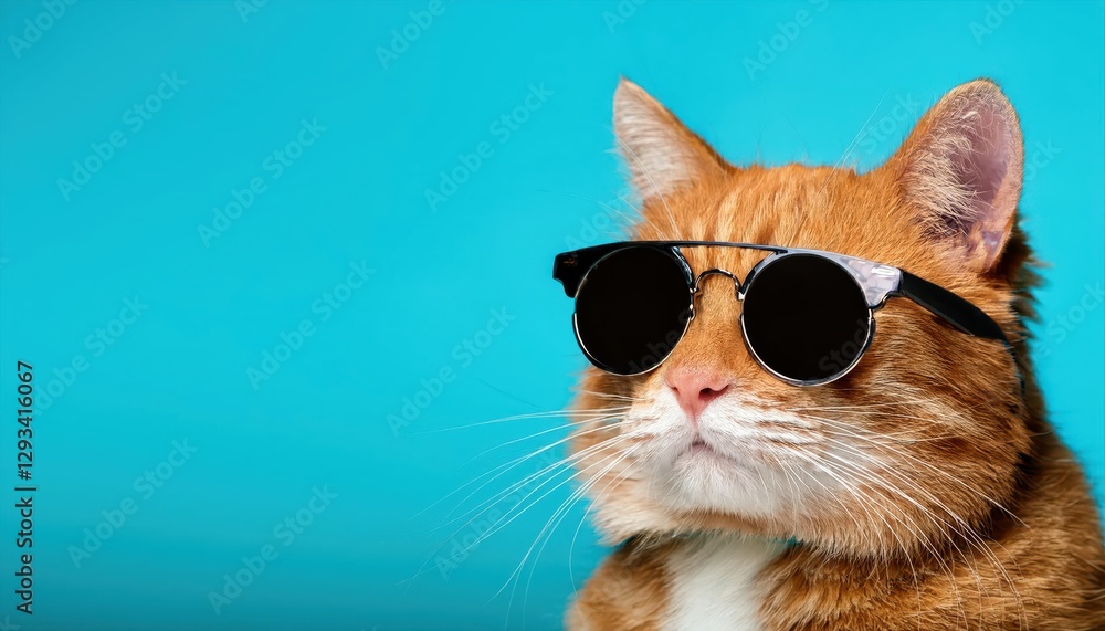 Funny Ginger Cat in Sunglasses Against a Cyan Background, Showcasing Playful Mood and Vibrant Personality Funny Ginger Cat in Sunglasses Against a Cyan Background, Showcasing Playful Mood and Vibrant Personality