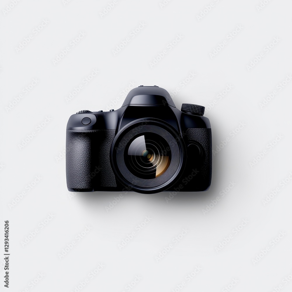 Black DSLR camera on a white background, top view. Clean, minimalist photography. Black DSLR camera on a white background, top view. Clean, minimalist photography.