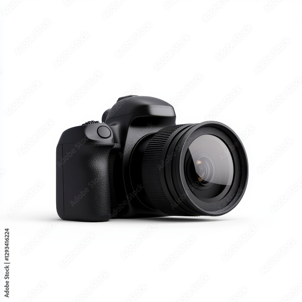 Black DSLR camera with a large lens, isolated on a white background. The camera is positioned at a three quarter angle, showcasing its details Black DSLR camera with a large lens, isolated on a white background. The camera is positioned at a three quarter angle, showcasing its details