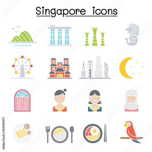 Singapore icon set in thin line style