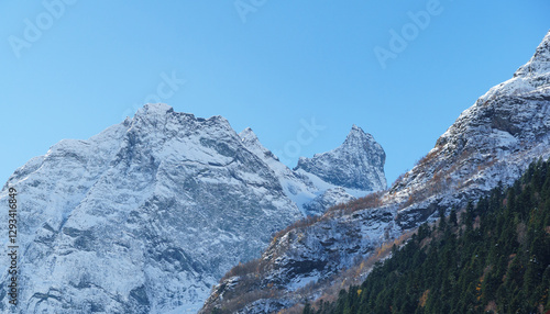 Wallpaper Mural Picturesque landscape in Dombay with amazing snow-capped peaks and majestic blue slopes of North  Caucasus Mountains Torontodigital.ca