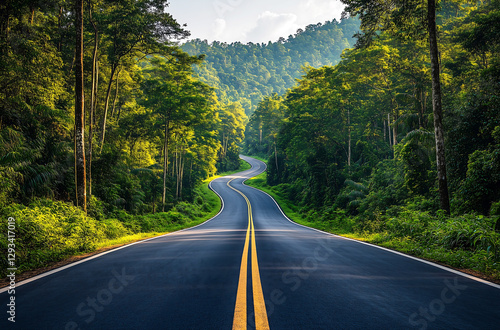 Scenic Winding Road Through Green Forest – Travel, Adventure, and Nature Landscape perfect for travel blogs, road trip websites, adventure photography, nature-themed content, wallpapers, stock photo