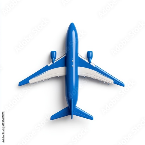 Blue airplane model photographed from a high angle view against a white background. The model is detailed, showcasing its wings.