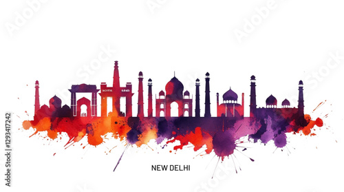 landscape cityscape of New Delhi | Colorful skyline depiction of famous landmarks in New Delhi showcasing vibrant culture.