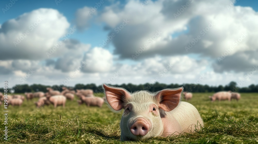 Pig lying down in green field on an eco-friendly farm Pig lying down in green field on an eco-friendly farm