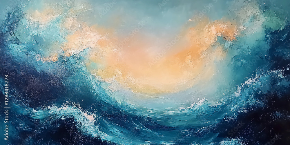 Fototapeta premium Abstract oil painting of ocean waves in light blue, pink, orange, and yellow hues, created using a palette knife, capturing a dynamic and vibrant seascape