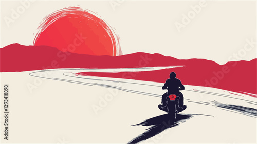 A minimalist vector illustration depicting a lone motorcyclist riding away from the viewer on a winding road towards a large, stylized red sunset. The color palette is primarily red and white, with