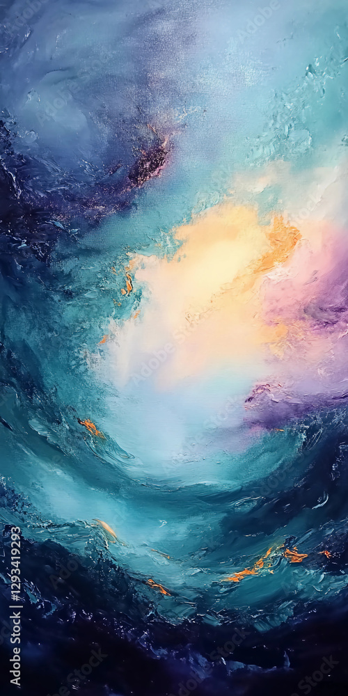 Fototapeta premium Abstract oil painting of ocean waves in light blue, pink, orange, and yellow hues, created using a palette knife, capturing a dynamic and vibrant seascape