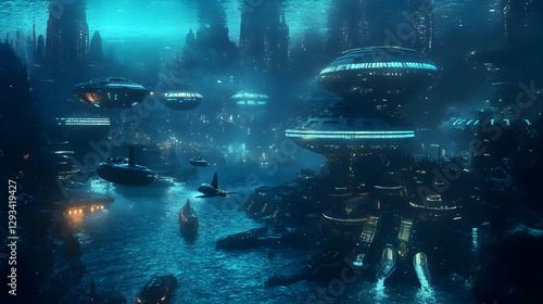 underwater city with glowing bioluminescent architecture, advanced submarines, and aquatic humanoid species 