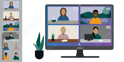 Video call conference, working from home. Colleagues of different nationalities and ages talk to each other on computer screen. Isolated illustration on white background in flat style trendy colors