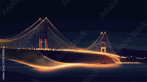 The image depicts a stylized representation of a suspension bridge at night. The bridge is brightly illuminated, with warm golden lights tracing its cables and structure.  The lights create a