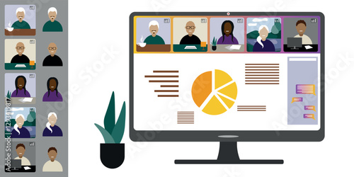 Video call conference, working from home. Colleagues of different nationalities and ages talk to each other on computer screen. Isolated illustration on white background in flat style trendy colors