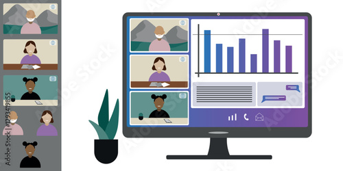 Video call conference, working from home. Colleagues of different nationalities and ages talk to each other on computer screen. Isolated illustration on white background in flat style trendy colors