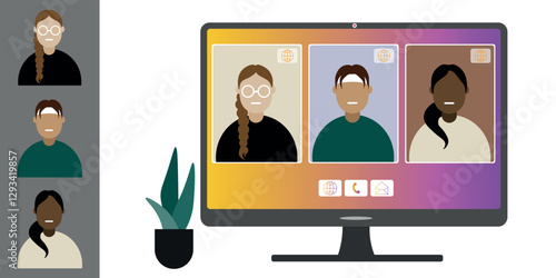 Video call conference, working from home. Colleagues of different nationalities and ages talk to each other on computer screen. Isolated illustration on white background in flat style trendy colors