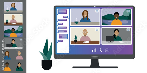 Video call conference, working from home. Colleagues of different nationalities and ages talk to each other on computer screen. Isolated illustration on white background in flat style trendy colors