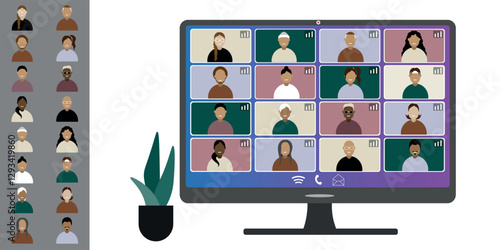 Video call conference, working from home. Colleagues of different nationalities and ages talk to each other on computer screen. Isolated illustration on white background in flat style trendy colors