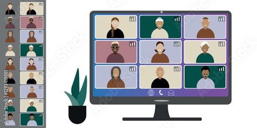 Video call conference, working from home. Colleagues of different nationalities and ages talk to each other on computer screen. Isolated illustration on white background in flat style trendy colors