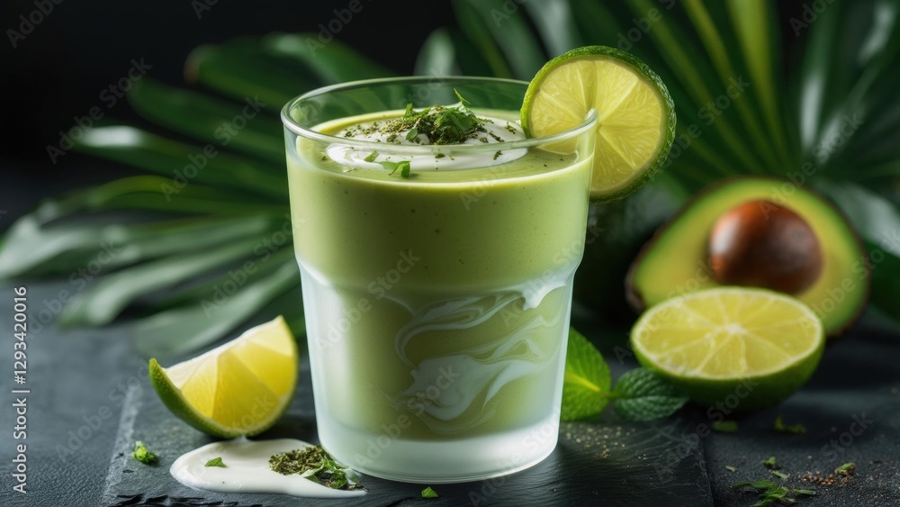 Refreshing avocado smoothie with lime and mint in tropical setting Refreshing avocado smoothie with lime and mint in tropical setting