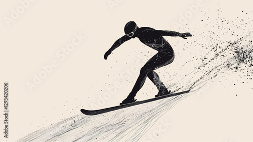 The image is a stylized monochrome illustration depicting a skier in motion. The skier is rendered as a dark silhouette against a light beige background.  The lines suggesting movement and speed