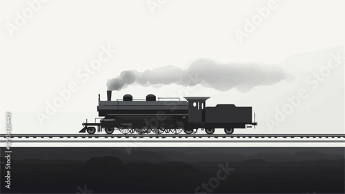 A monochrome illustration depicting a side profile view of a steam locomotive on a set of railway tracks. The locomotive is rendered in a simple, almost minimalist style, with subtle shading to