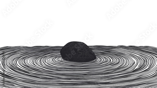 The image is a monochrome illustration depicting a dark, irregularly shaped stone situated in the center of a series of concentric circles. The circles radiate outwards from the stone, suggesting