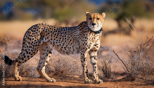 Collared Cheetah in African Savannah, Agile and Majestic at Sunrise, Showcasing Golden Fur against a Backdrop of Red Dunes and Acacia Trees, Capturing the Vitality and Beauty of South Africas