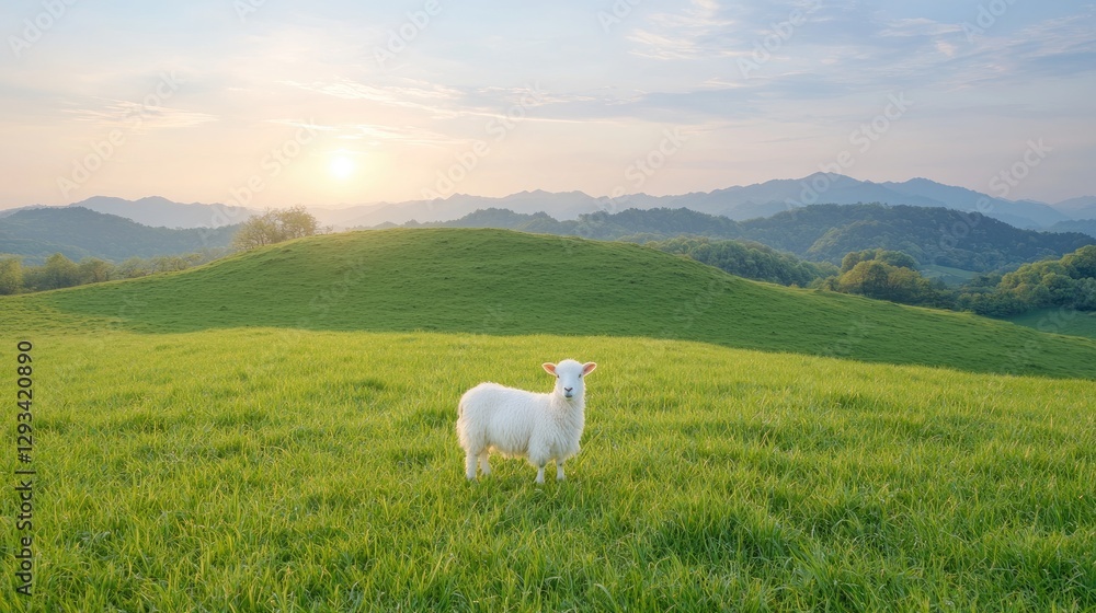 Fototapeta premium White sheep on grassy hill at sunrise. Scenic landscape. Suitable for nature, travel, or environmental use
