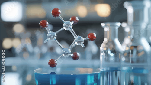 Close-up shot of a molecular model composed of metallic spheres and connecting rods, situated on a reflective surface. The model is in sharp focus, while the background is softly blurred, showing