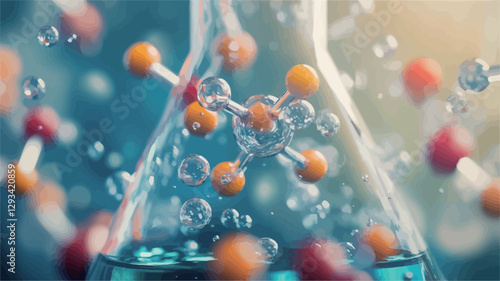 Close-up view of a 3D-rendered molecular structure within a transparent Erlenmeyer flask. The flask is filled with a teal liquid.  Multiple small, spherical particles, some orange and some