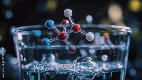 Close-up macro shot of a colorful molecular model of a molecule suspended above the surface of clear water in a glass.  The water shows slight ripples and bubbles. The background is dark and