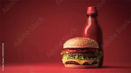 Close-up studio shot of a cheeseburger and a ketchup bottle against a solid red background.  The cheeseburger is in sharp focus, showing detail of the sesame seed bun, beef patty, cheese, lettuce,