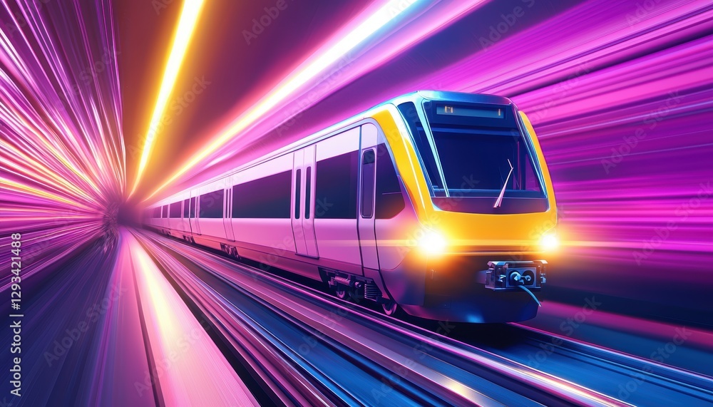 Naklejka premium Futuristic train speeding through neon tunnel urban environment motion graphic dynamic perspective technology concept