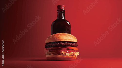 Close-up studio shot of a hamburger with a wine bottle balanced on top. The background is a solid, deep red. The hamburger appears to be a classic cheeseburger with visible patties, cheese, and