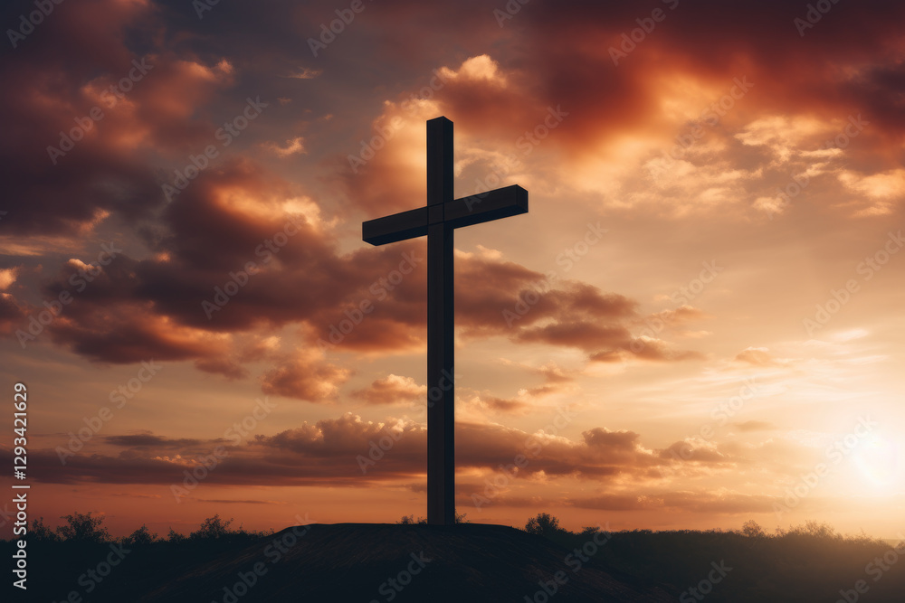 Stormy sky framing a radiant Easter cross silhouette, symbolizing Good Friday and Christian devotion, leaving space for text. Banner Stormy sky framing a radiant Easter cross silhouette, symbolizing Good Friday and Christian devotion, leaving space for text. Banner