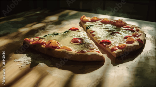 High-angle, close-up view of two slices of pizza on a rustic wooden cutting board.  The pizza appears to have melted cheese, tomato slices, and possibly other toppings. The lighting is dramatic,