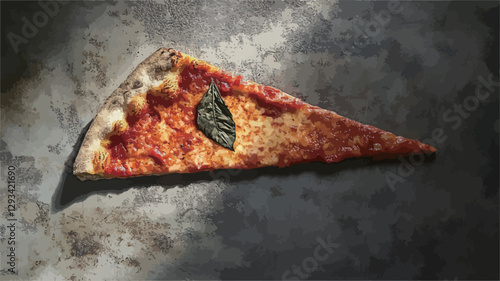 High-angle, close-up view of a single slice of pizza resting on a mottled gray metallic surface. The pizza slice is triangular, with visible tomato sauce, melted cheese, and a small basil leaf