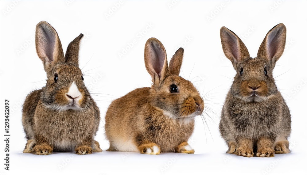 Enchanting Trio of Brown Rabbits in Side View Portraits, Stunningly Isolated against a White Backdrop, Capturing the Charm and Serenity of these Agile Creatures. Enchanting Trio of Brown Rabbits in Side View Portraits, Stunningly Isolated against a White Backdrop, Capturing the Charm and Serenity of these Agile Creatures.