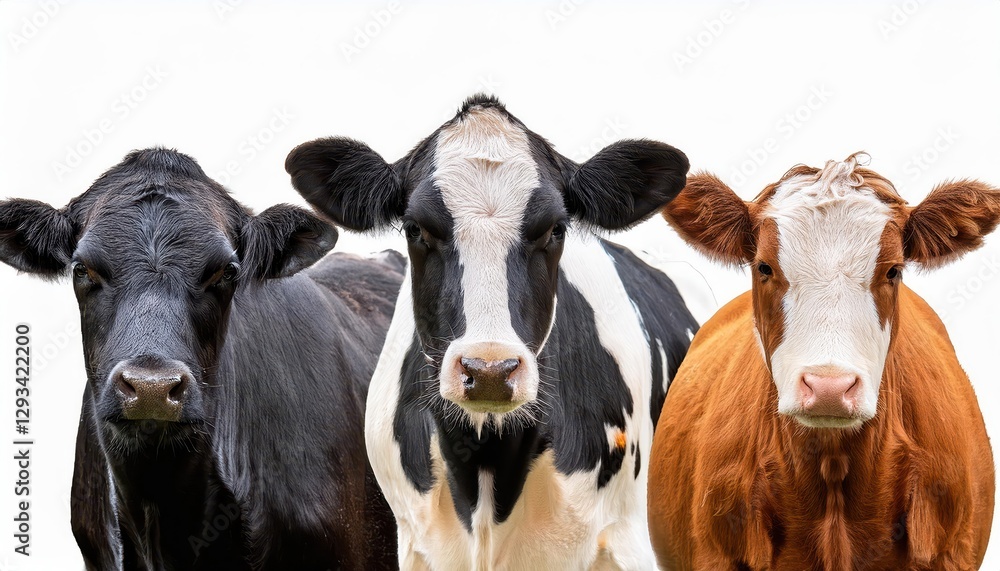 Vibrant Collection of Cow Portraits Black, Brown and White Cows in Stunning Isolation on a Pristine White Background, Capturing the Essence of Natures Palette. Vibrant Collection of Cow Portraits Black, Brown and White Cows in Stunning Isolation on a Pristine White Background, Capturing the Essence of Natures Palette.