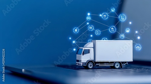White delivery truck model on laptop, surrounded by glowing network icons. Blue background. Represents digital logistics and delivery tracking
