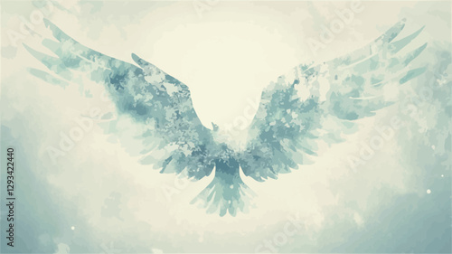 The image depicts an abstract representation of a bird in flight.  The bird's body and wings are rendered in shades of blue and white, with a fragmented, almost crystalline texture. The background