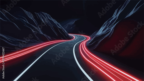 The image is a digital rendering depicting a winding road snaking through dark, stylized mountains at night.  The road is rendered with a dark asphalt texture, and white dashed lines are visible.