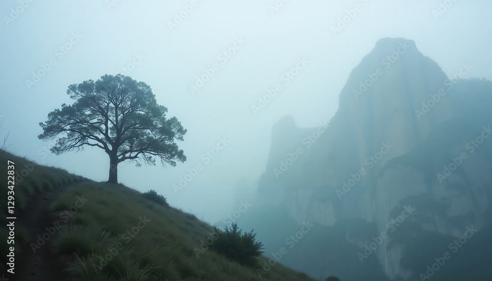 Solitary Tree Moody on Grassy Hillside against Foggy Mountain Solitary Tree Moody on Grassy Hillside against Foggy Mountain