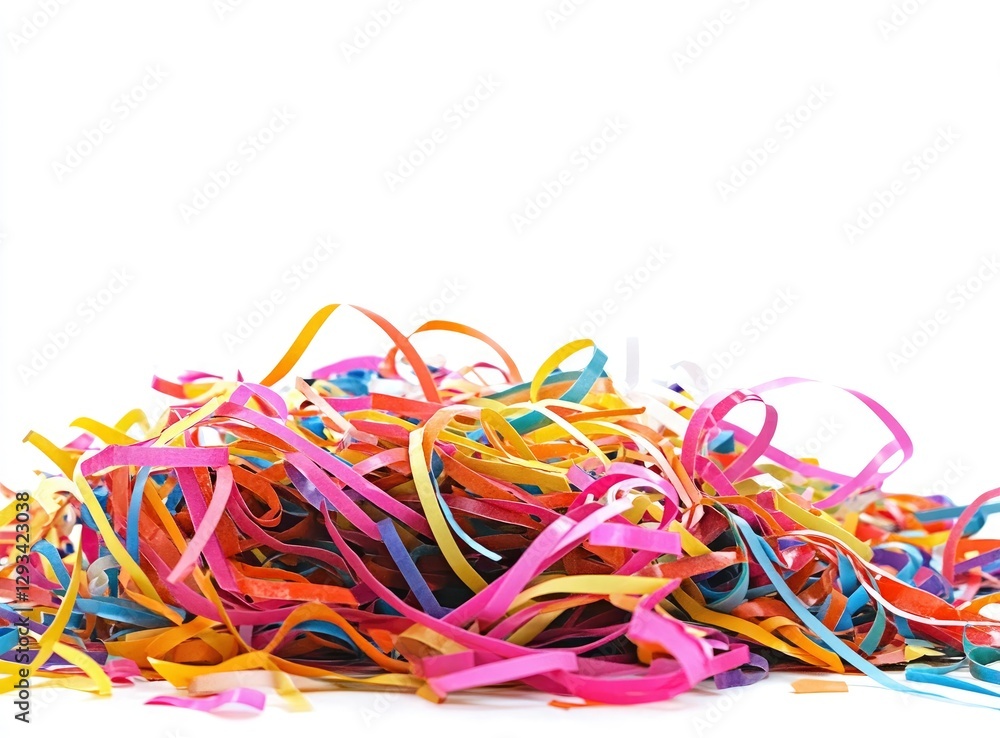 A pile of colorful party streamers and confetti scattered on the floor, against a white background, stock photo. A pile of colorful party streamers and confetti scattered on the floor, against a white background, stock photo.