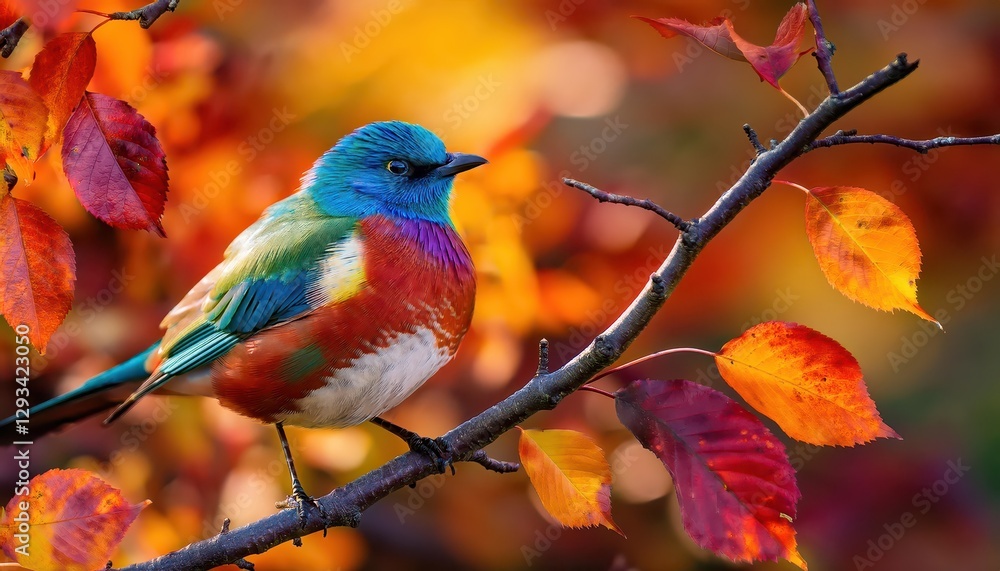 Vivid Autumn Leaves Frame a Charming Songbirds Perch A Whimsical Moment Captured Amidst the Changing Seasons, Showcasing the Beauty of Nature in Transition Vivid Autumn Leaves Frame a Charming Songbirds Perch A Whimsical Moment Captured Amidst the Changing Seasons, Showcasing the Beauty of Nature in Transition