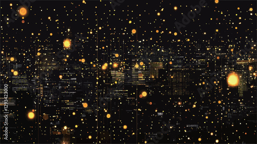 The image depicts a dark night sky filled with numerous small, glowing lights of varying intensities. The lights appear to be scattered across the frame, creating a dense texture. Some lights are